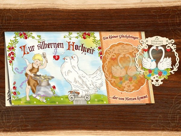 Glückwunsch-Karte "Silberne Hochzeit" m. Holzbehang
